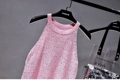 All-Match Summer New Sexy Shoulder Hanging Halter Sequin Strap Ware Shoulder Flash Knitted Hollow Vest Top for Women
