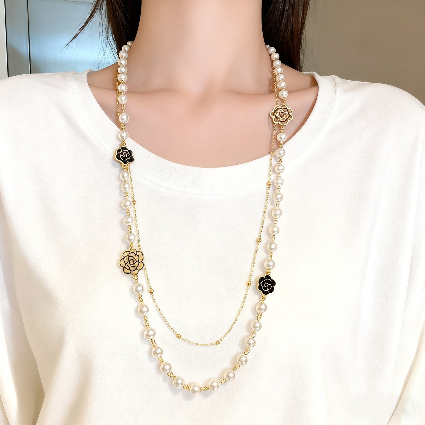 Shijiazu stacked with long pearl necklace women's light luxury temperament sweater chain Joker high sense autumn and winter necklace