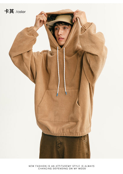Black Fleet American Casual Style Unisex Versatile Hooded Warm Top Couple Style Hiking Fleece Solid Color Sweatshirt