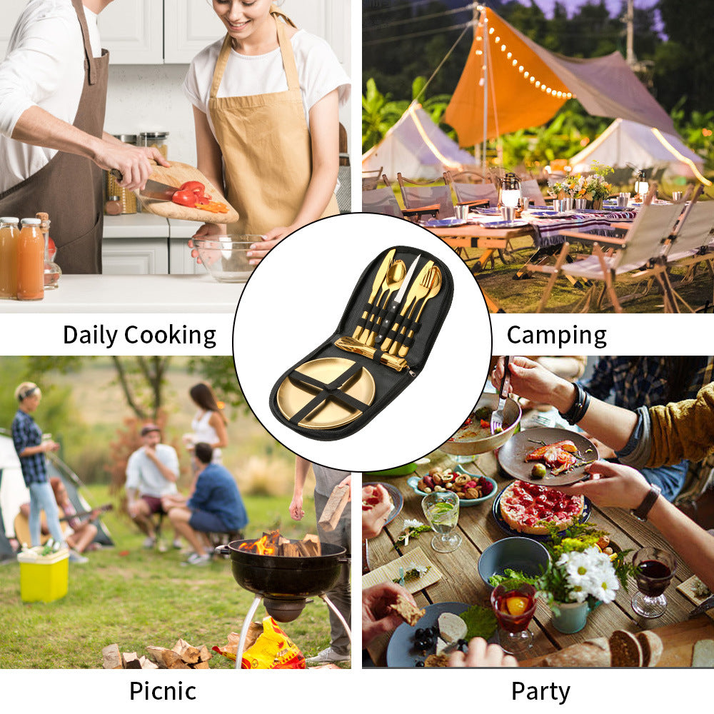 Amazon Outdoor Stainless Steel Tableware Steak Knife and Fork Spoon Barbecue Clip Plate 10-piece Travel Camping Set