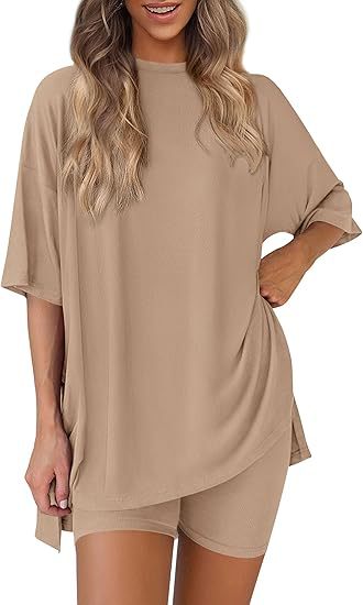 Cross-border foreign trade Amazon 2025 new women's casual round neck split loose shorts short sleeve home clothes suit