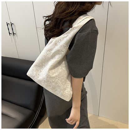 Korean Style Small Fresh Lace Flower Canvas Bag 2025 New Large Capacity Commuter Lazy Style Single Shoulder Large Tote Bag