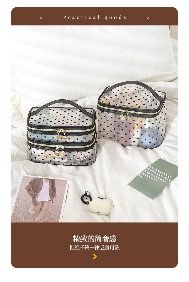 New Style Heart-Shaped Portable Makeup Bag, Single/Double Layer Cosmetic Storage Bag, Simple Mesh Makeup Bag, Travel Makeup Bag