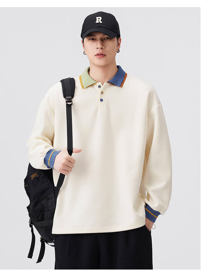 Casual Retro Contrast Color Lapel 280g Sweatshirt High-End Polo Collar Top Trendy Loose Couple Autumn Sweatshirt
