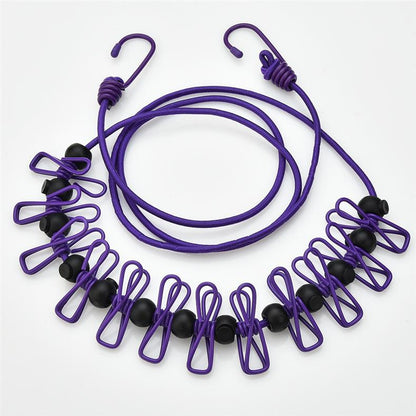 Creative Outdoor Elastic Windproof Clothesline with Positioning Clips, Korean Style Clothesline with 12 Windproof Clips