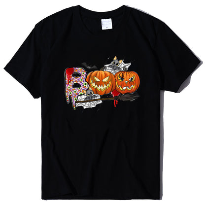 Cartoon Halloween Pumpkin Print Cross-Border Spring and Summer New Spot Multi-Color Cvc Pull-Up 180g Round Neck Short Sleeves