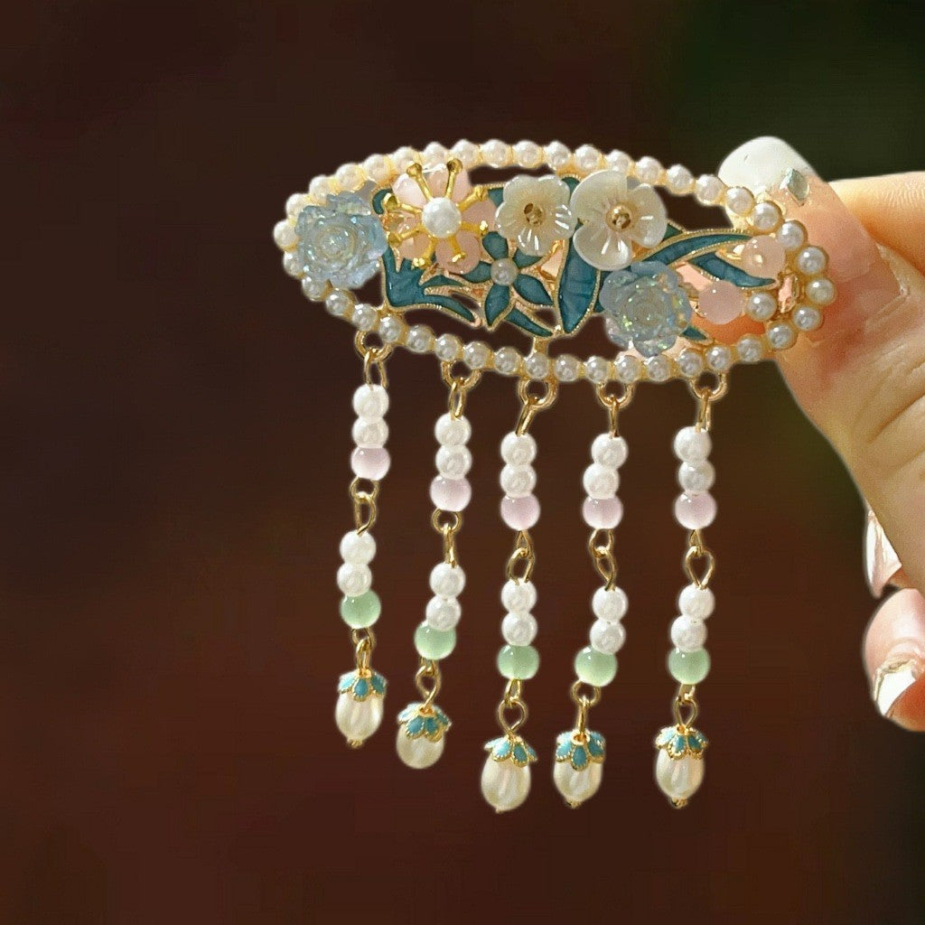 Antique Style Burned Blue Cloud Pearl Hairpin New Chinese Tassel Side Clip Advanced Sense Clip Hair Accessories Headwear Hair Clip