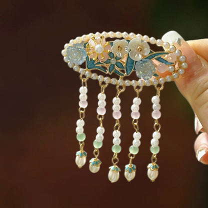 Antique Style Burned Blue Cloud Pearl Hairpin New Chinese Tassel Side Clip Advanced Sense Clip Hair Accessories Headwear Hair Clip