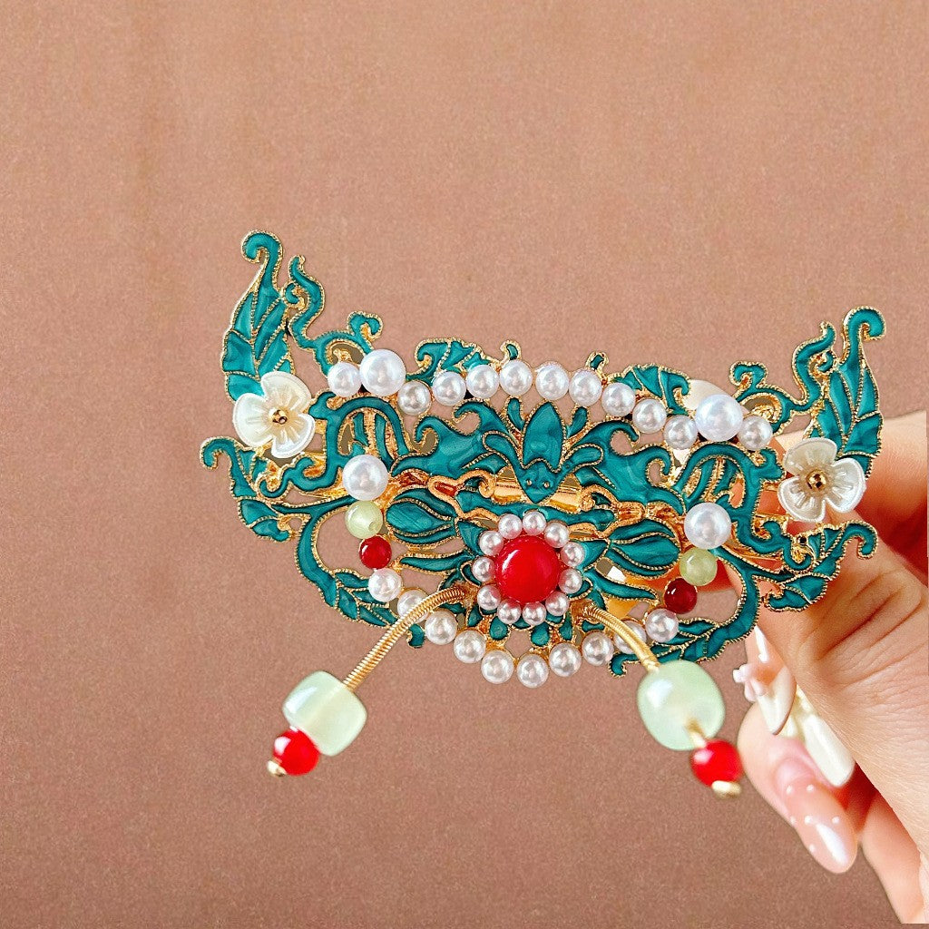Antique Style Burned Blue Cloud Pearl Hairpin New Chinese Tassel Side Clip Advanced Sense Clip Hair Accessories Headwear Hair Clip