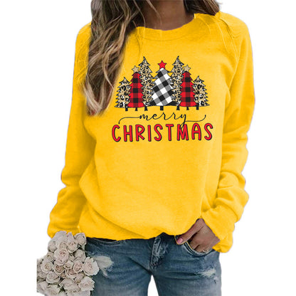 Plaid Christmas Tree merry Christmas Printed Round Neck Sweat European and American Women's Autumn and Winter Top Cross Border