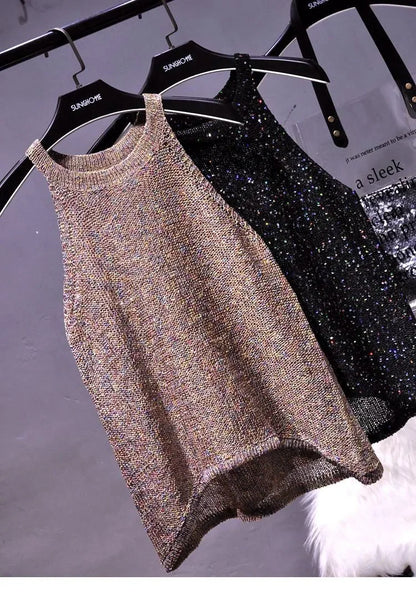 All-Match Summer New Sexy Shoulder Hanging Halter Sequin Strap Ware Shoulder Flash Knitted Hollow Vest Top for Women