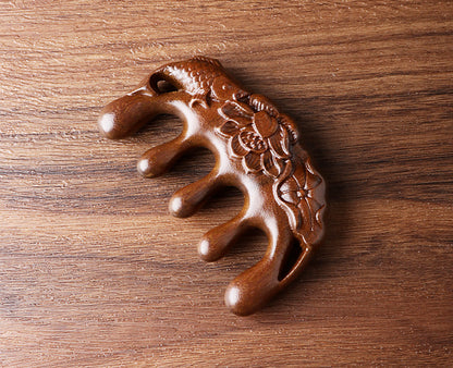 Golden silk sandalwood lotus fish carved massage comb scalp head massage wide tooth comb small comb solid wood comb meridian comb