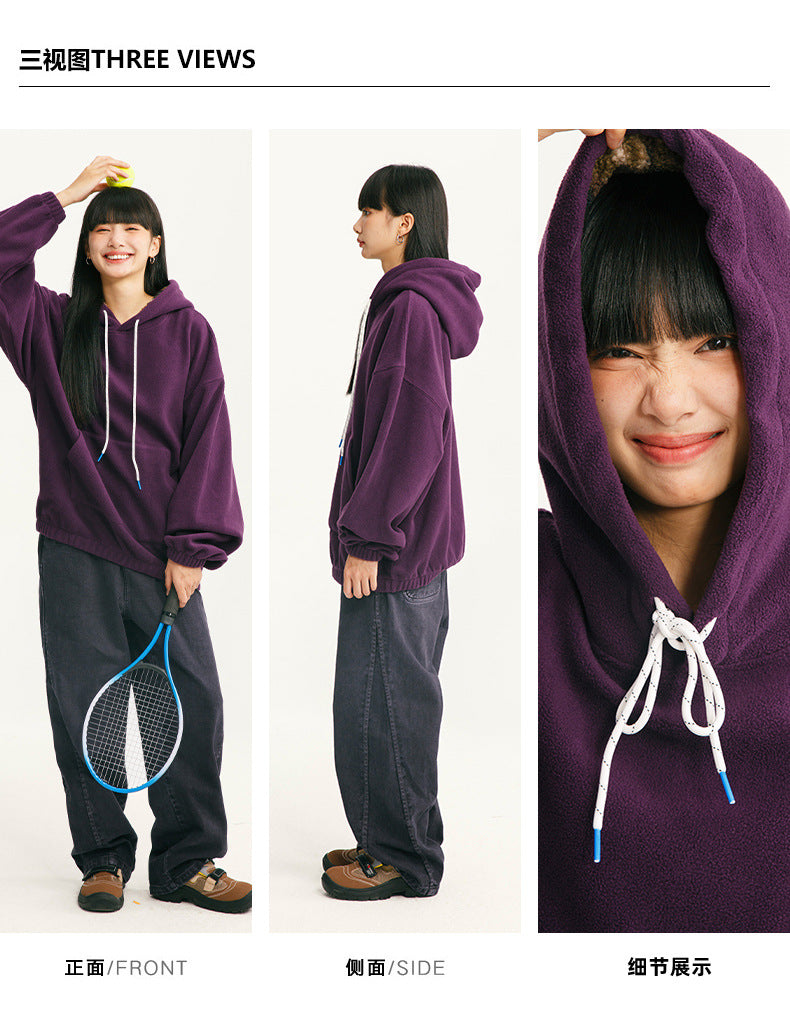Black Fleet American Casual Style Unisex Versatile Hooded Warm Top Couple Style Hiking Fleece Solid Color Sweatshirt