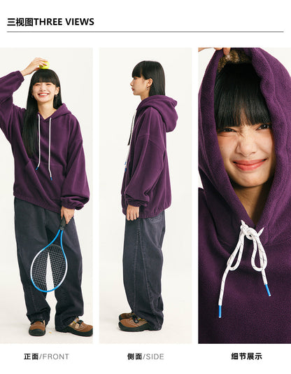 Black Fleet American Casual Style Unisex Versatile Hooded Warm Top Couple Style Hiking Fleece Solid Color Sweatshirt