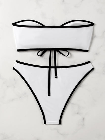 European and American Style Sexy Bandeau Bikini Swimsuit for Women, Solid Color with Chest Pads, Simple Cross-Border Two-Piece Swimsuit