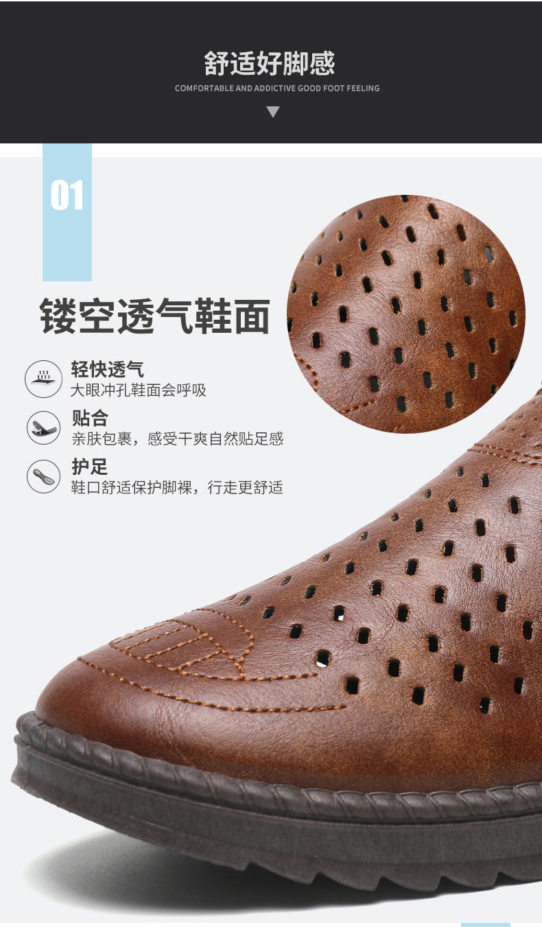 Hollow-Out Leather Shoes for Men, Summer Breathable Soft Leather Low-Top Business Casual Versatile Slip-On Perforated Dad Shoes