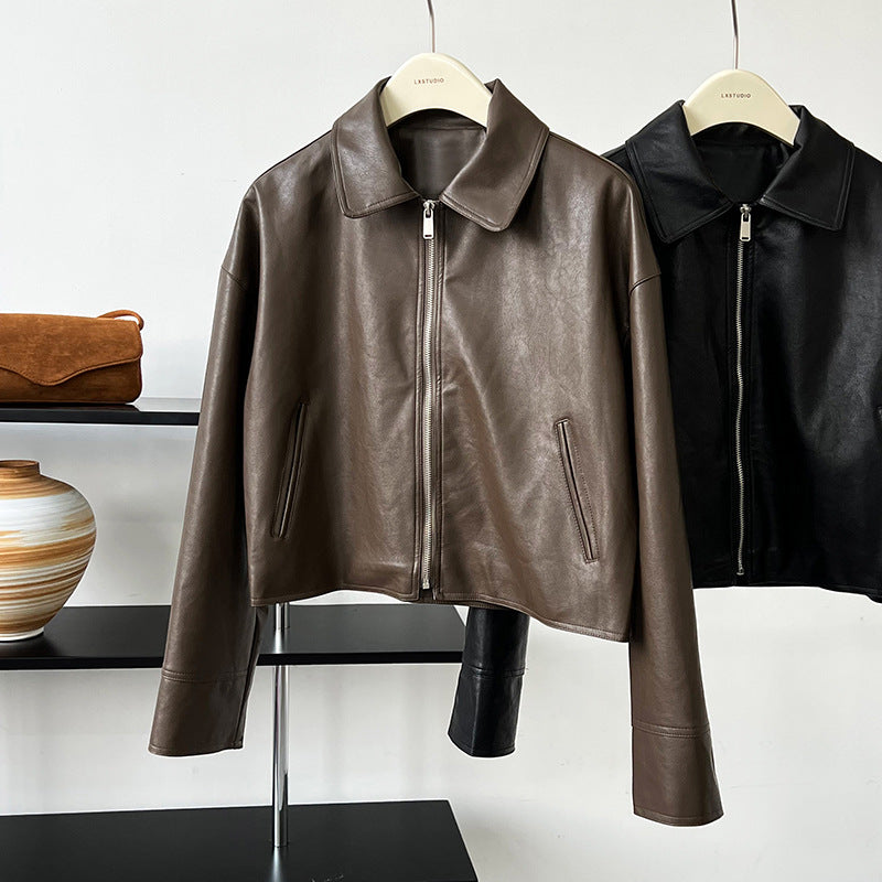 cool handsome high sense ~ lapel leather coat women's spring and autumn Hong Kong style PU leather jacket motorcycle top trendy 9595