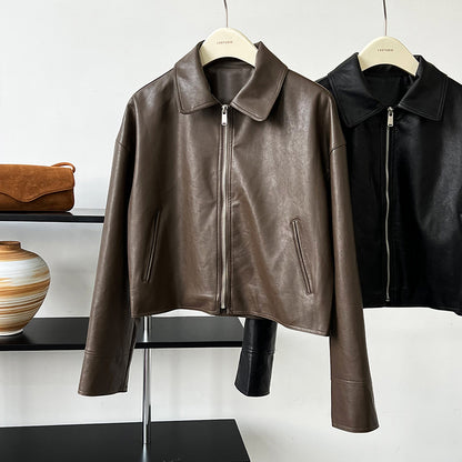 cool handsome high sense ~ lapel leather coat women's spring and autumn Hong Kong style PU leather jacket motorcycle top trendy 9595