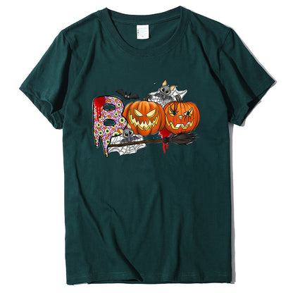 Cartoon Halloween Pumpkin Print Cross-Border Spring and Summer New Spot Multi-Color Cvc Pull-Up 180g Round Neck Short Sleeves