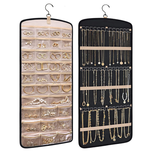 Hanging Jewelry Storage Bag Double-Sided Foldableable with Metal Hook Pvc Anti-Oxidation Suitable for Earrings, Necklaces and Rings