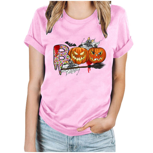 Cartoon Halloween Pumpkin Print Cross-Border Spring and Summer New Spot Multi-Color Cvc Pull-Up 180g Round Neck Short Sleeves