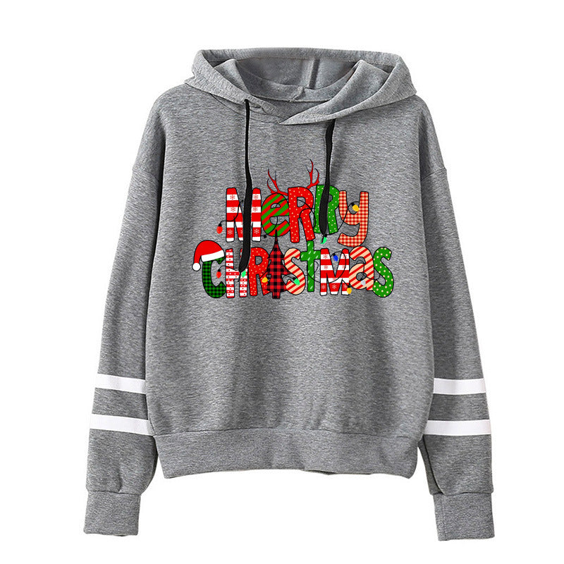 Christmas Merry Christmas printed parallel bars striped hooded hoodie European size plus size men's and women's cross-border