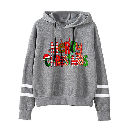 Christmas Merry Christmas printed parallel bars striped hooded hoodie European size plus size men's and women's cross-border
