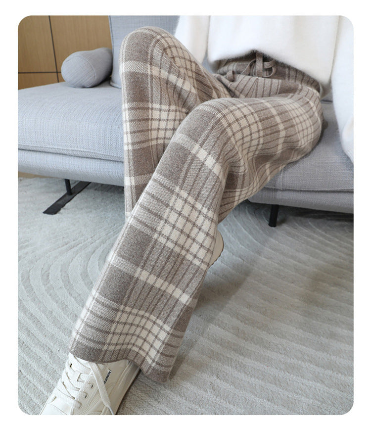 24 Autumn and Winter New High Waist All-match Casual Wide-leg Pants Women's Straight Loose Plaid Trousers 100 Wool Thickened