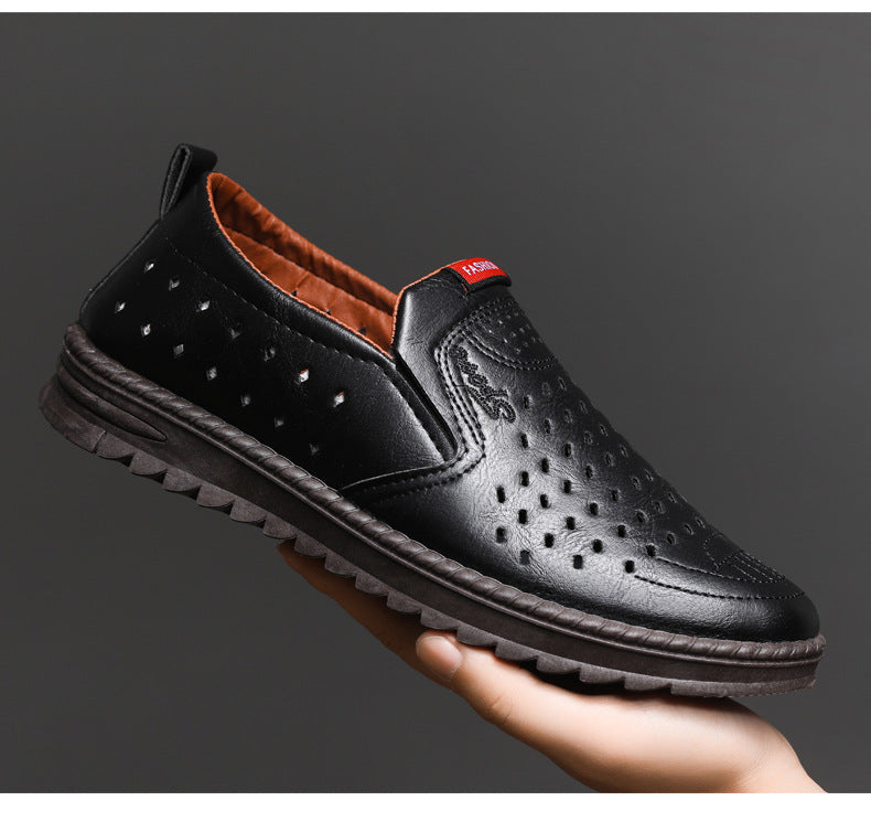 Hollow-Out Leather Shoes for Men, Summer Breathable Soft Leather Low-Top Business Casual Versatile Slip-On Perforated Dad Shoes