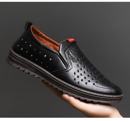 Hollow-Out Leather Shoes for Men, Summer Breathable Soft Leather Low-Top Business Casual Versatile Slip-On Perforated Dad Shoes