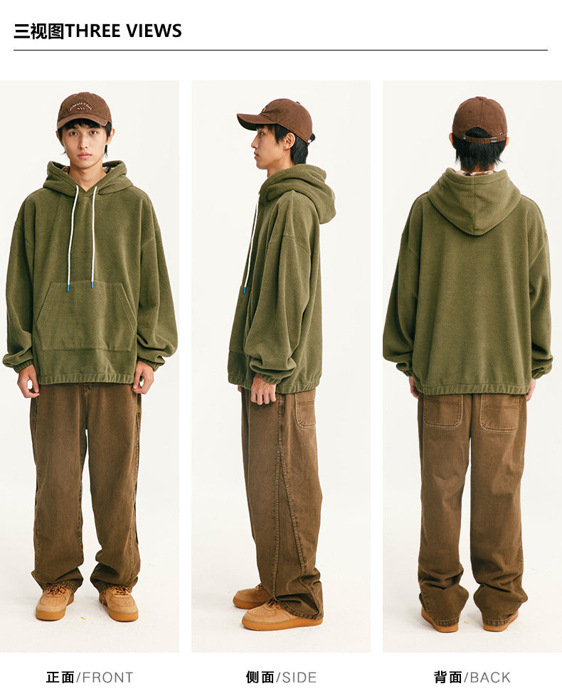 Black Fleet American Casual Style Unisex Versatile Hooded Warm Top Couple Style Hiking Fleece Solid Color Sweatshirt