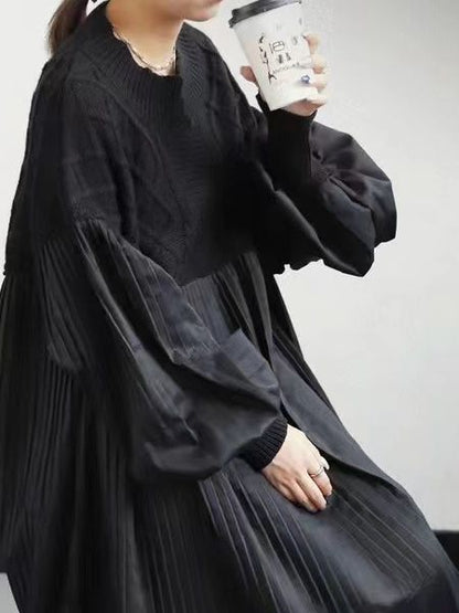 2025 Japanese Style Autumn New Pleated Diamond Pattern Sweater Spliced Long Dress in Stock