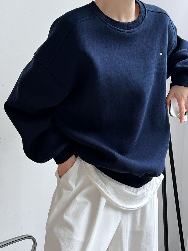 Luxi Simple Profile Loose BF Solid Color Lazy Pullover Sweatshirt Women's ins Letter Embroidered Long-sleeved Top 2267