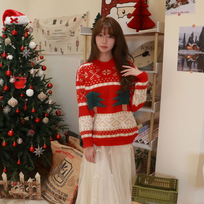 Autumn and Winter Christmas Sweater New Jacquard Knitted Sweater Cartoon Christmas Pattern Lazy Style Round Neck Pullover Long Shirt