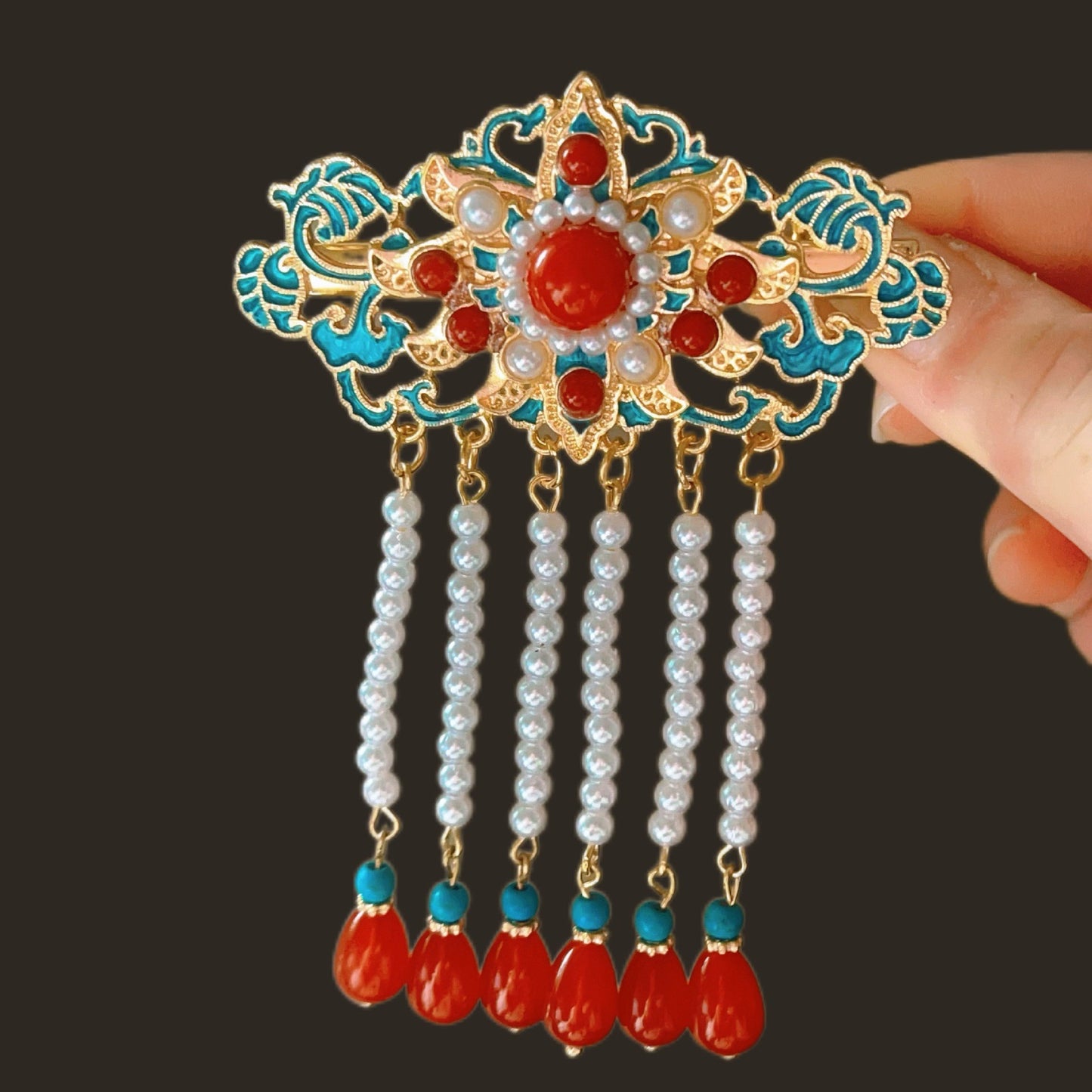 Antique Style Burned Blue Cloud Pearl Hairpin New Chinese Tassel Side Clip Advanced Sense Clip Hair Accessories Headwear Hair Clip