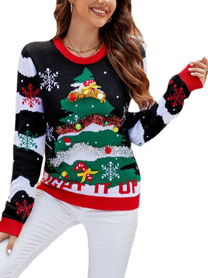 Amazon European and American Long-Sleeved Christmas New Knitted Tops 2025 Autumn and Winter Christmas Tree Round Neck Pullover Sweater for Women