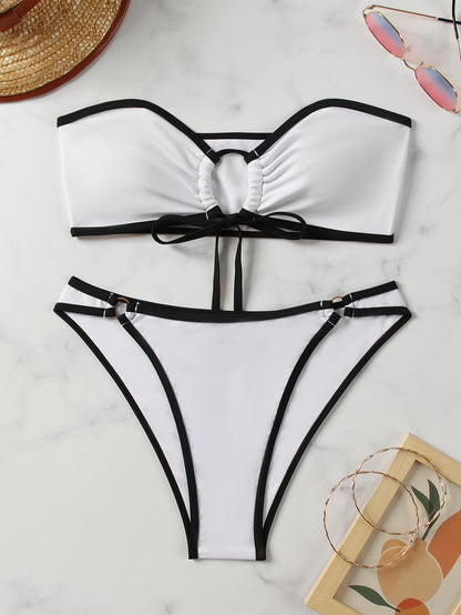 European and American Style Sexy Bandeau Bikini Swimsuit for Women, Solid Color with Chest Pads, Simple Cross-Border Two-Piece Swimsuit