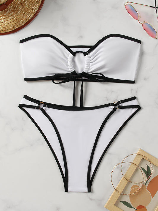 European and American Style Sexy Bandeau Bikini Swimsuit for Women, Solid Color with Chest Pads, Simple Cross-Border Two-Piece Swimsuit