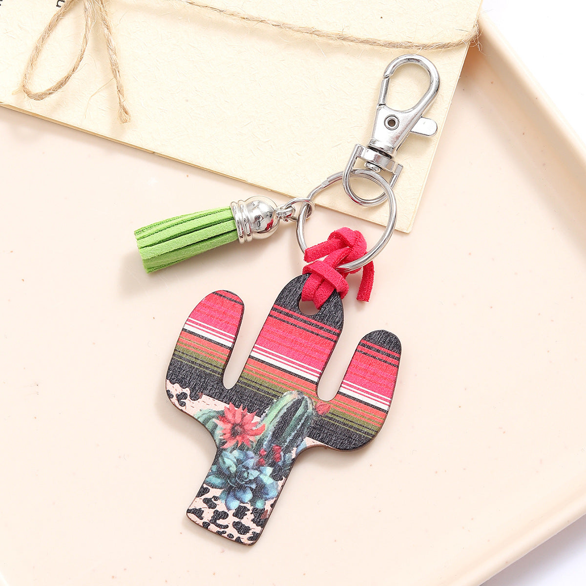 New Wooden Cactus Keychain Leopard Flower Rainbow Sunflower Striped Printed Bag Car Pendant