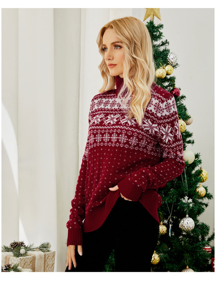 Cross-Border Autumn and Winter New Jacquard Pullover Red Turtleneck Christmas Sweater European and American Foreign Trade Snowflake Knitted Bottoming Shirt