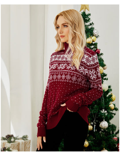Cross-Border Autumn and Winter New Jacquard Pullover Red Turtleneck Christmas Sweater European and American Foreign Trade Snowflake Knitted Bottoming Shirt