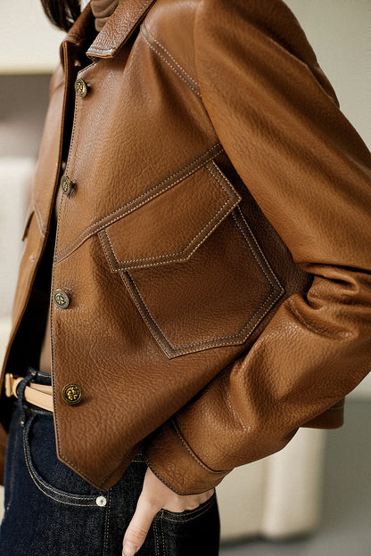 Haining Spring and Autumn New Leather Jacket Single Lined Leather Jacket Women's Short Slim Motorcycle Women's Short Leather Jacket C2707