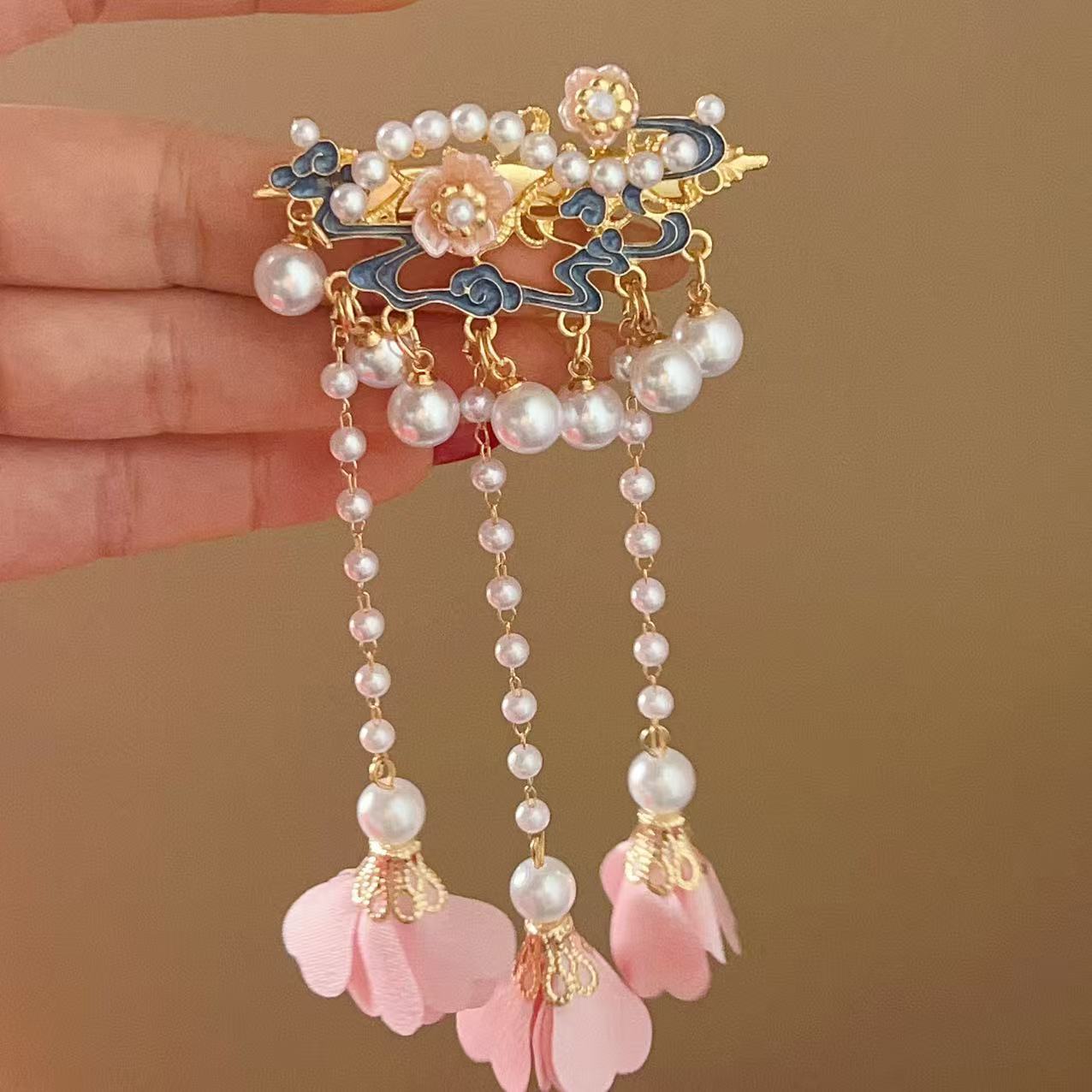 Antique Style Burned Blue Cloud Pearl Hairpin New Chinese Tassel Side Clip Advanced Sense Clip Hair Accessories Headwear Hair Clip