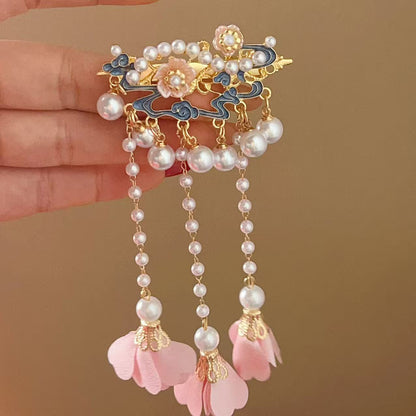Antique Style Burned Blue Cloud Pearl Hairpin New Chinese Tassel Side Clip Advanced Sense Clip Hair Accessories Headwear Hair Clip