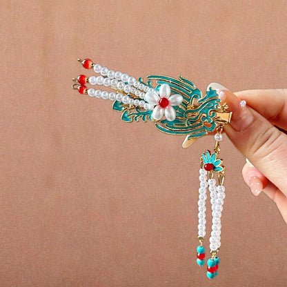 Antique Style Burned Blue Cloud Pearl Hairpin New Chinese Tassel Side Clip Advanced Sense Clip Hair Accessories Headwear Hair Clip