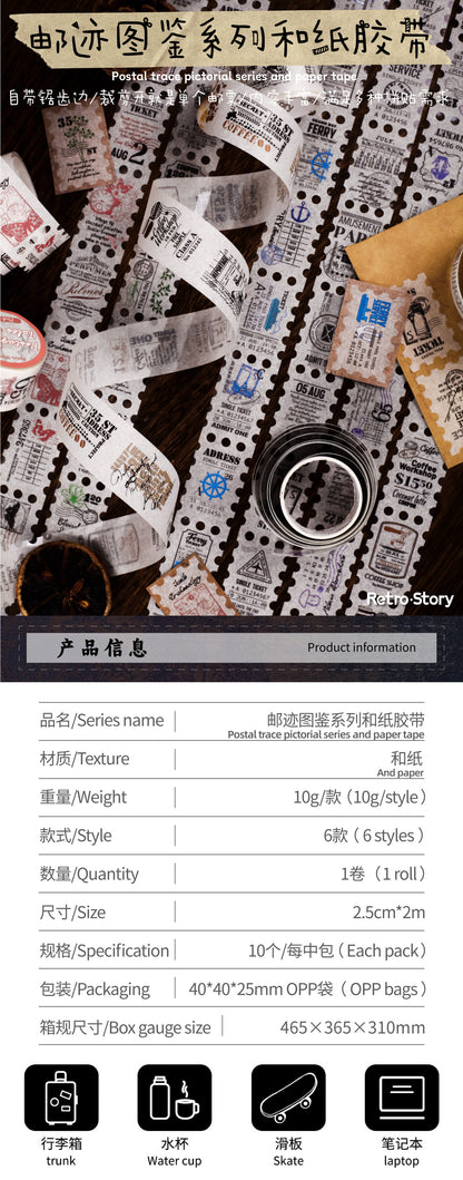 Retrostory Postmark Illustrated Retro Style Long Stamps 6 Types Journal Material Collage Base Pet Washi Tape