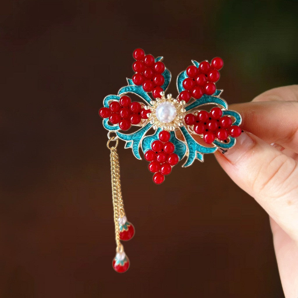 Antique Style Burned Blue Cloud Pearl Hairpin New Chinese Tassel Side Clip Advanced Sense Clip Hair Accessories Headwear Hair Clip