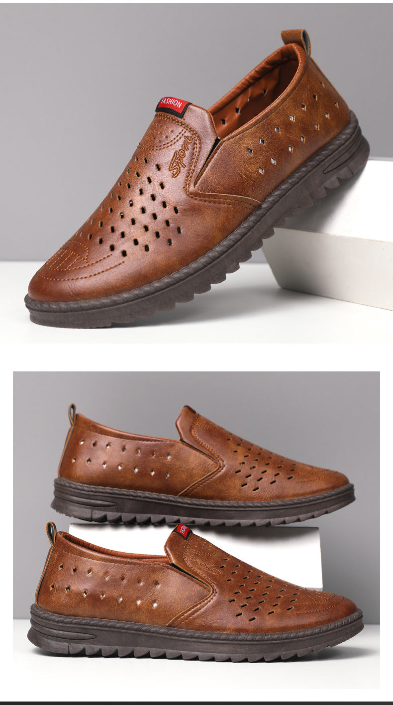 Hollow-Out Leather Shoes for Men, Summer Breathable Soft Leather Low-Top Business Casual Versatile Slip-On Perforated Dad Shoes