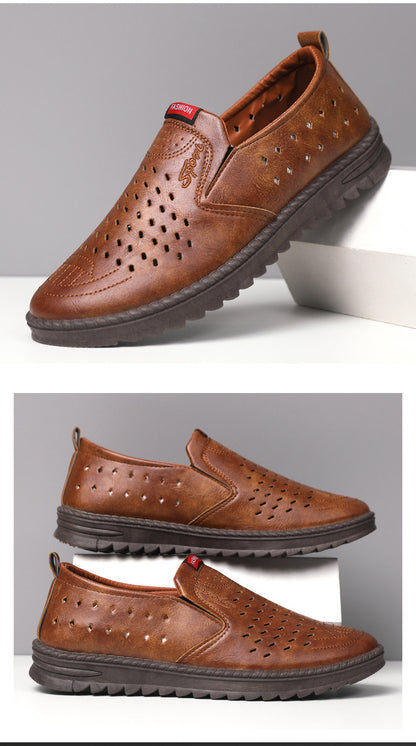 Hollow-Out Leather Shoes for Men, Summer Breathable Soft Leather Low-Top Business Casual Versatile Slip-On Perforated Dad Shoes
