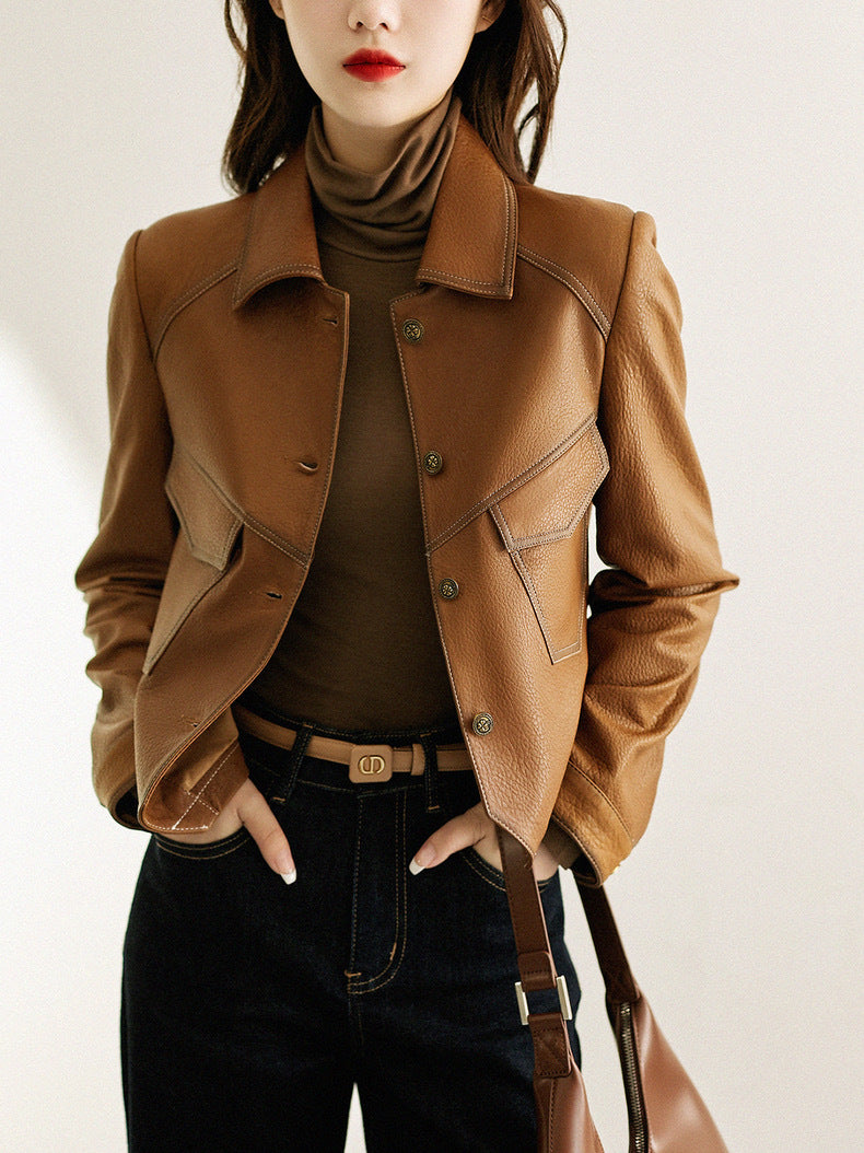 Haining Spring and Autumn New Leather Jacket Single Lined Leather Jacket Women's Short Slim Motorcycle Women's Short Leather Jacket C2707
